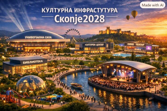ilustracija na zelbi za sk2028 Ilustracija na zelbite i zamislite za Skopje2028 bazirano na predlog proekt za Skopje Evropska prestolnina na kulturata generirana so AI