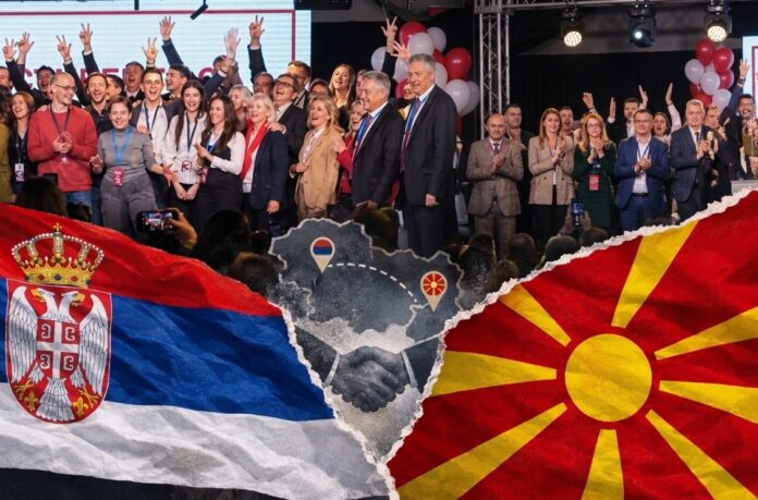 Колаж фотографија, илустрација за односите меѓу Македонија и Србија по победата на студентите на парламентарните избори, изработена со ВИ